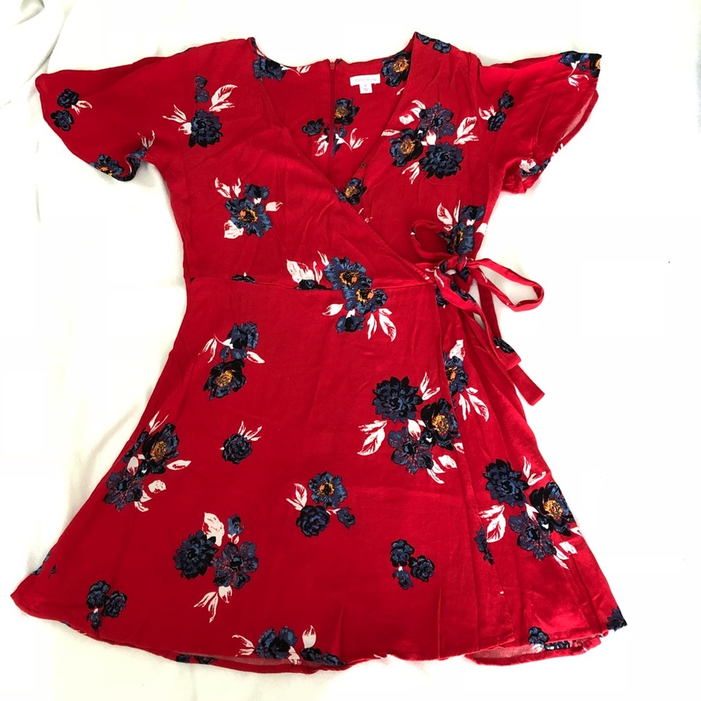 Faux Wrap Red Floral Dress